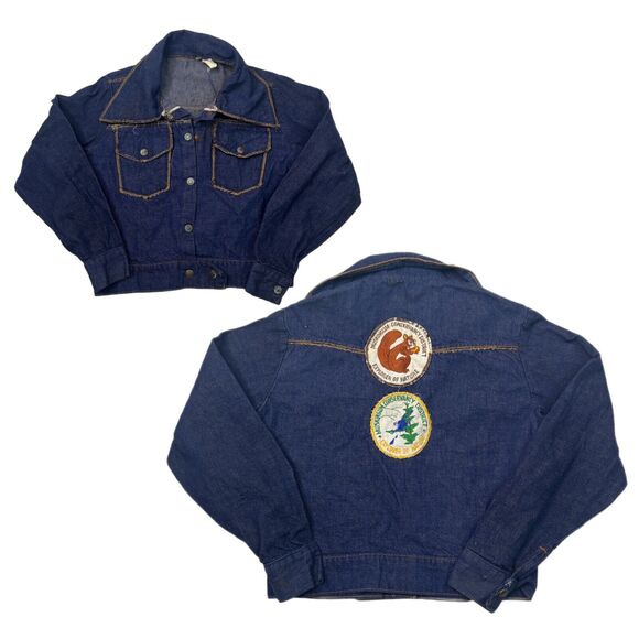 Vintage 70s Big Spread Collar Snap Front Denim Jacket Nature Patch FLAW Youth 7 - Picture 1 of 9